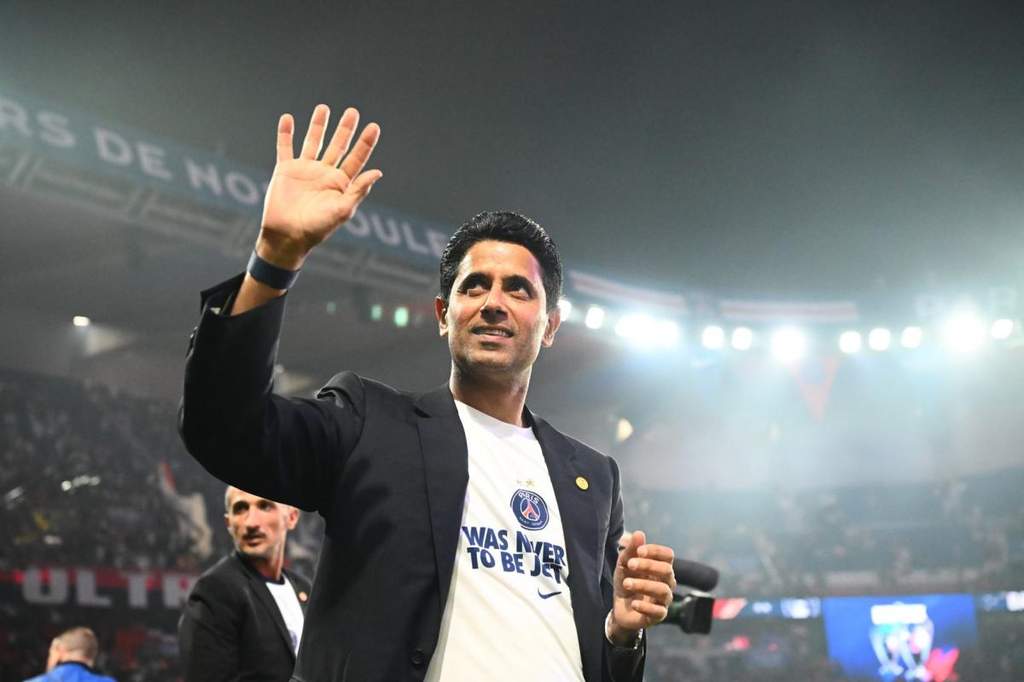 PSG president Nasser Al-Khelaifi watching a football match from the stands.