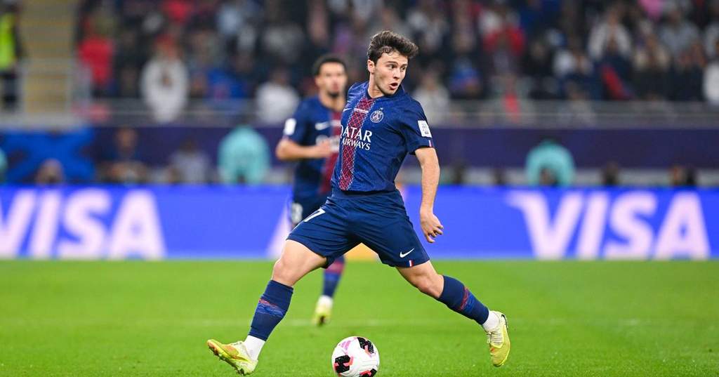 Joao Neves controlling the ball for Paris Saint-Germain during a match.
